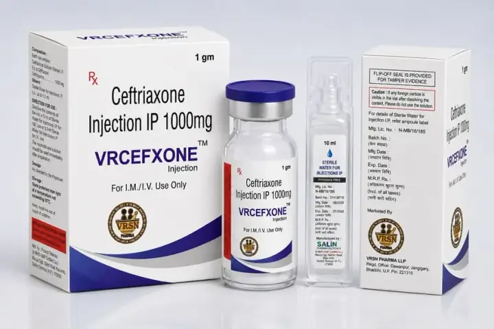 VRCEFXONE&trade; — Ceftriaxone Injection IP 1000 mg carton, vial and sterile water ampoule